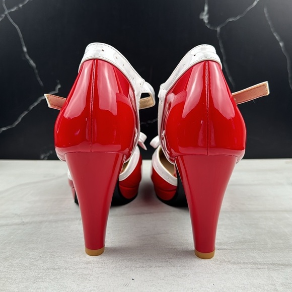 ForeMode Fashion T-Strap Bow Platform Round Toe High Heels Red/White sz 9 - Picture 4 of 11